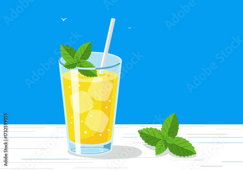 Refreshing lemonade preparation bright blue background digital summer vibes eye-level view thirst quenching concept