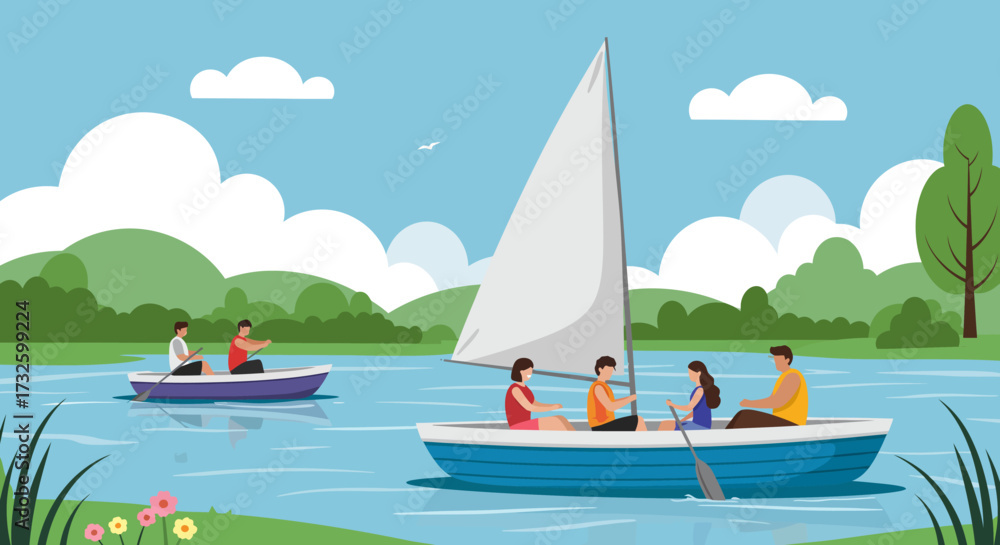 Naklejka premium People Enjoying Boat Ride on Scenic Lake with Green Hills and Blue Sky