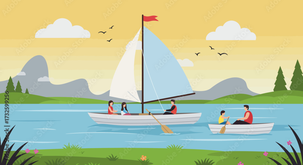 Naklejka premium Outdoor Leisure Activity – Sailing and Rowing on Lake with Mountains