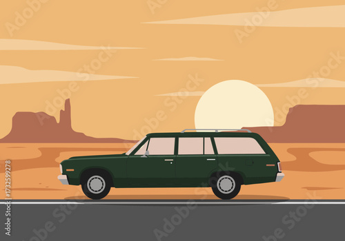Driving adventure in desert landscape animated scene car and sunset creative concept side view travel inspiration