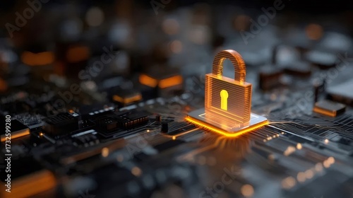 暗い回路基板上のオレンジ色に光る南京錠