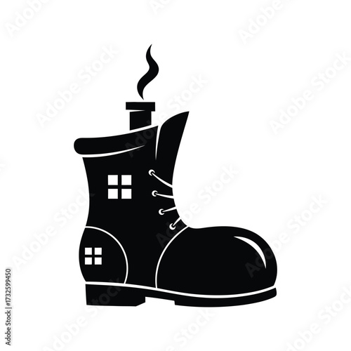 Whimsical black boot silhouette transformed into a cozy home with a smoking chimney and windows