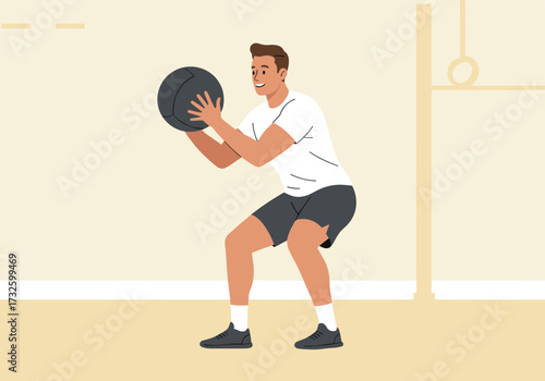 Fitness enthusiast performing medicine ball squats in gym environment for strength training