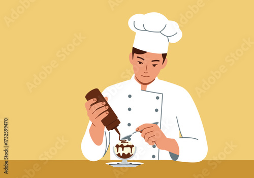 Chef creating dessert kitchen bright environment view culinary