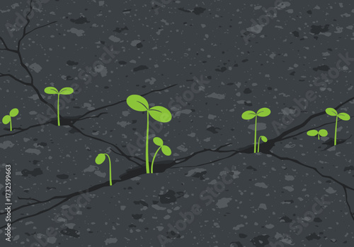 Sprouting green seedlings cracked ground nature scene urban environment view growth concept