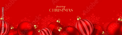 Christmas ball banner, red greeting card background, border