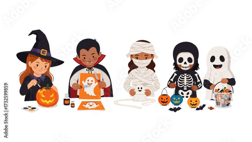 Happy Halloween Gathering: Children dressed in whimsical costumes, including witch, vampire, mummy, skeleton, and ghost, gather in a vibrant illustration for a festive Halloween celebration.