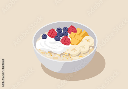 Delicious healthy breakfast bowl with yogurt and fresh fruits kitchen food minimalist style top view
