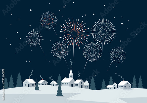 New year celebration fireworks display over snowy village winter landscape digital night view