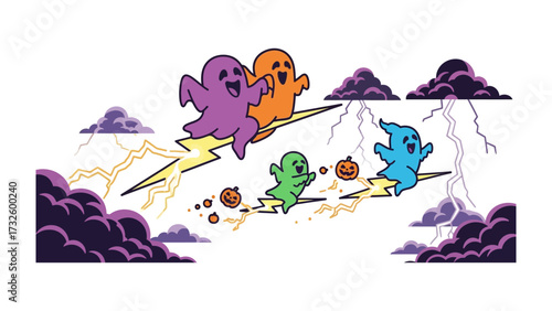 Whimsical Halloween Specter Flight: A playful illustration of spectral forms enjoying a thrilling flight across a stormy night, embodying the enchanting spirit of Halloween. 