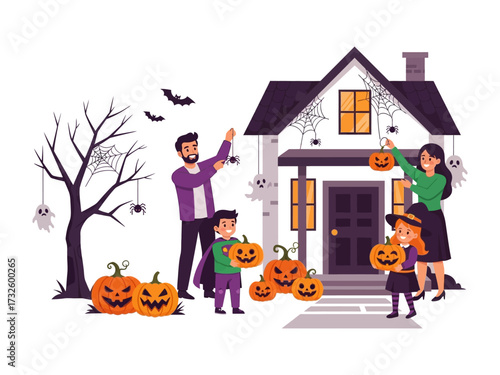 Family Decorating for Halloween: A family engages in the festive ritual of decorating their home for Halloween, surrounded by pumpkins, spooky decorations, and a sense of anticipation.