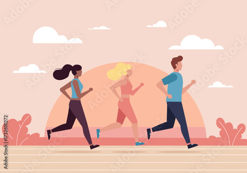 Running event in urban park fitness enthusiasts graphic vibrant environment dynamic viewpoint