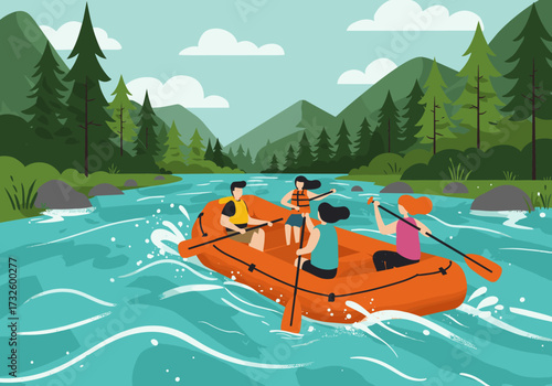 Group rafting adventure on a scenic river nature surroundings outdoor activity dynamic viewpoint