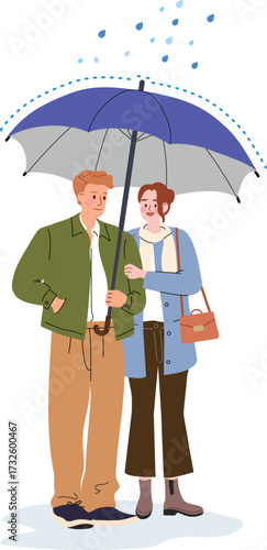 Couple standing under umbrella in street on rainy day
