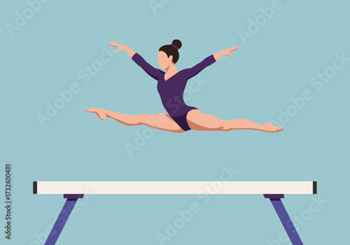 Gymnastics performance on balance beam indoor gym digital minimalist style dynamic motion