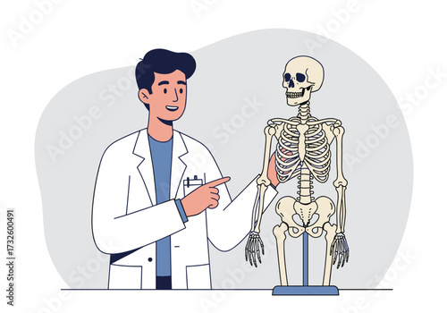 Medical professional explaining human anatomy with skeleton model laboratory setting educational informative viewpoint