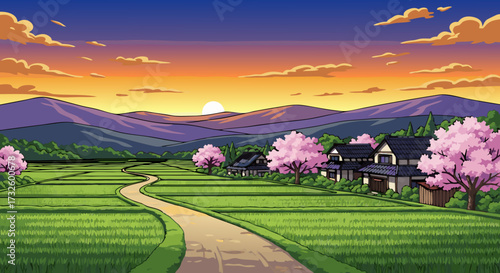 Pixel art rural landscape at sunrise with cherry blossom trees and a winding road through rice fields under a colorful sky