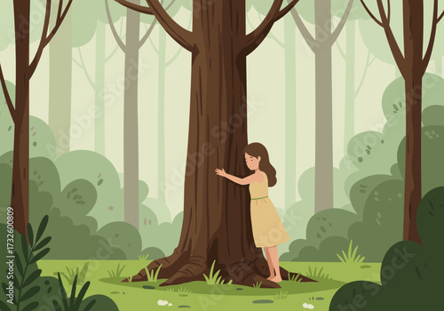 Child embracing a tree forest digital tranquil environment close perspective connection with nature