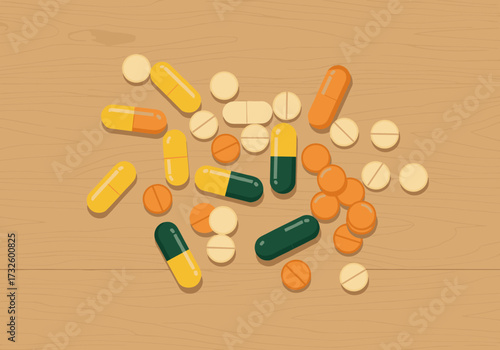 Pharmaceutical action healthcare setting digital informative environment top-down view medication awareness