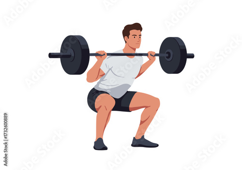 Weightlifting action young man squatting with barbell in gym fitness environment dynamic viewpoint strength concept