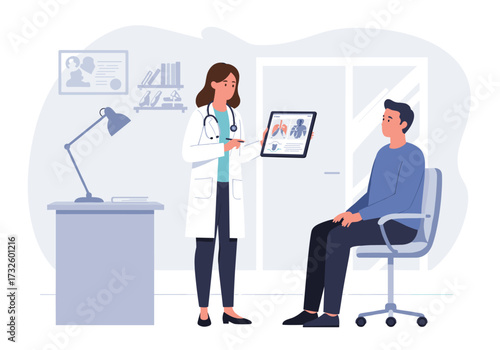 Patient consultation with doctor in medical office health education digital display informative environment professional viewpoint