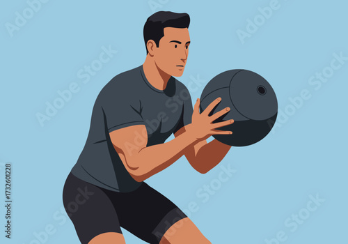 Strength training action with medicine ball gym digital indoor side view fitness concept