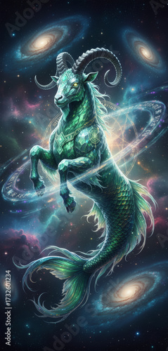 Capricorn, Mythical Cosmic Sea-Goat with Crystal Body in Space.