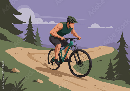 Mountain biker descending trail in nature landscape adventure sports outdoor environment