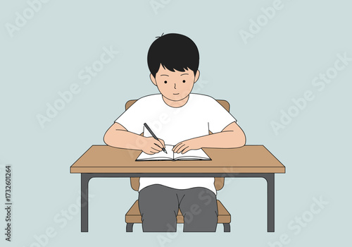 Student writing notes at desk classroom minimalist eye-level education concept