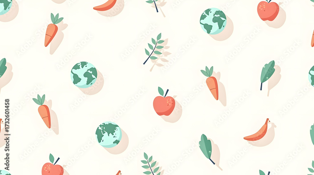 Obraz premium Seamless pattern of flat vector icons including fruits, vegetables, wheat, globe, leaves, in soft pastel colors, high-resolution, no text