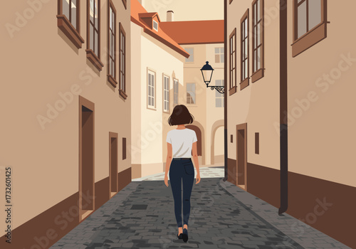 Walking through historic streets charming old town digital serene environment perspective on urban exploration