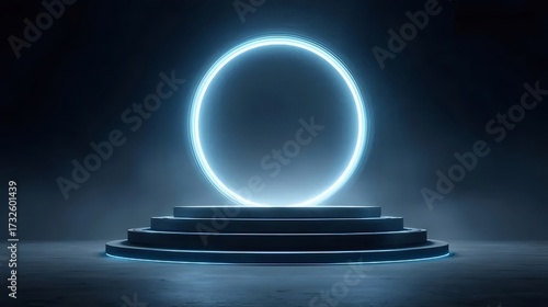 青色ライトリングと階段状の台座 青暗い背景