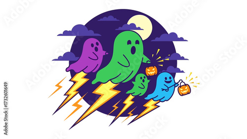 Spooky Halloween Spirits: A playful illustration of ghostly figures gliding through a night sky adorned with lightning bolts, and holding jack-o'-lanterns.
