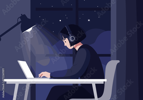 Late night work session home office digital cozy environment focused view productivity concept