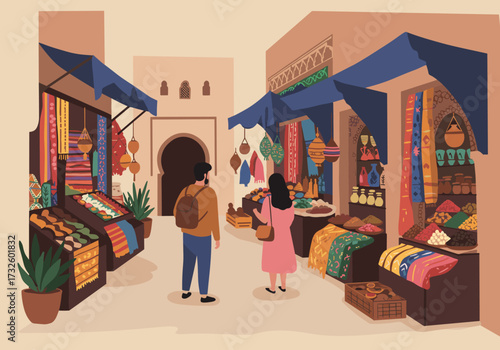 Exploring vibrant market stalls local bazaar illustrative urban setting eye-level view cultural experience