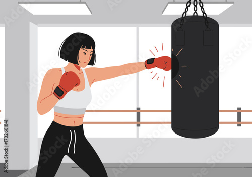 Dynamic boxing workout session fitness gym indoor side view empowerment and strength