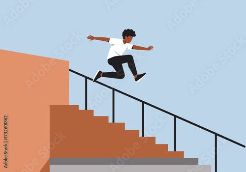 Jumping action of a young skater urban stairs digital clear sky dynamic perspective