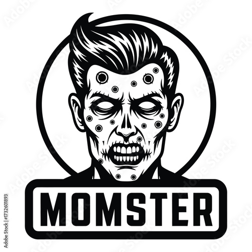 Creepy momster head logo design featuring a zombie face with spiky hair and a bold text label silhouette