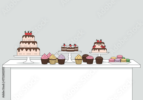 Delicious dessert display featuring cakes and cupcakes bakery table digital minimalist background