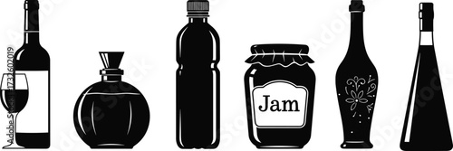 Collection of various bottles and containers including wine, perfume, plastic, jam jar, decorative glass, vinegar bottle, packaging design illustration