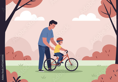 Father teaching son to ride a bicycle in a serene park setting illustrative style warm autumn environment