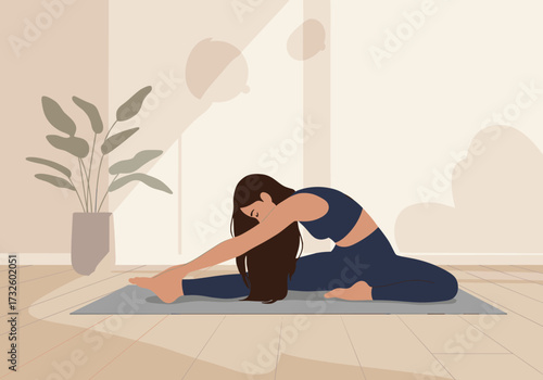 Yoga stretching pose at home in a calm indoor environment focusing on flexibility and mindfulness