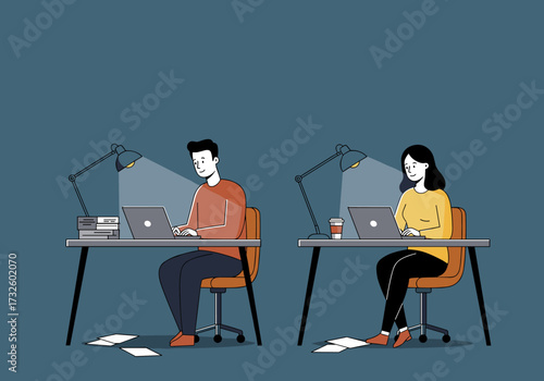 Productive workspace scene with two individuals working on laptops modern office digital cozy atmosphere front view
