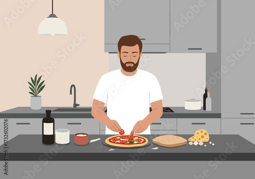 Cooking action man preparing homemade pizza in modern kitchen culinary experience casual environment