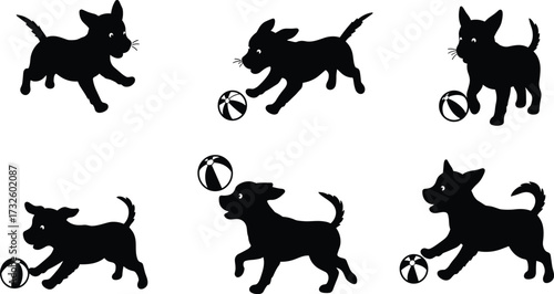 Vector illustration of multiple dog breeds with ball, playful pet activity, domestic animals, canine friendship, training, exercise, companionship, lifestyle design