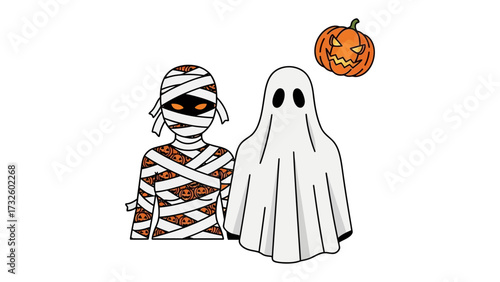 Halloween Ensemble: A spooky illustration presents a mummy and ghost, complemented by a carved jack-o'-lantern, embodying the playful spirit of Halloween, ready for trick-or-treating and spooky night.
