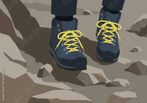 Hiking adventure mountain trail shoes on rocky path outdoor environment view exploration concept