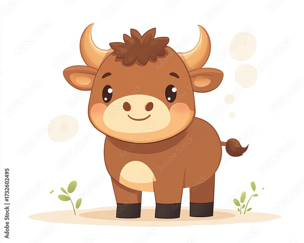 Fototapeta premium Cute cartoon cow standing in a grassy field.