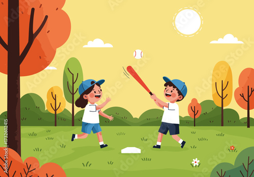 Kids playing baseball in a park fun activity outdoor environment joyful viewpoint childhood concept