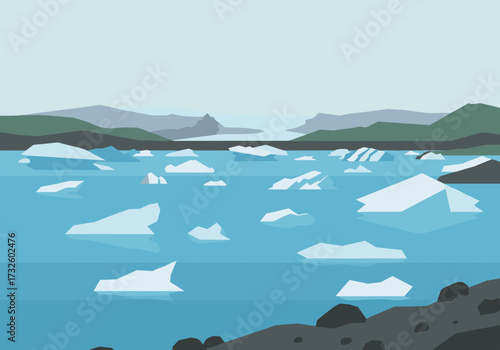 Icebergs floating in serene glacial lake arctic region digital calm atmosphere aerial perspective nature theme